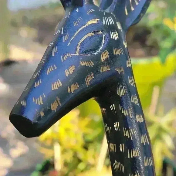 Big Giraffe Figure Decor Brass Tall 19" IN Black / Gold  Tone Leaves Stand - Picture 10 of 13